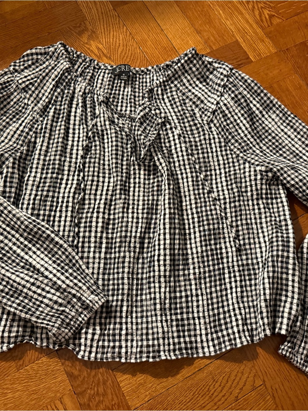 J. Crew Black & White Gingham Peasant Blouse